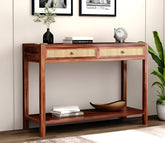 ONIJA Sheesham Wood Ratton Console Table with 2 Drawer and Bottom Shelf Storage Wooden Hallway Furniture for Living Room and Home - HONEY FINISH